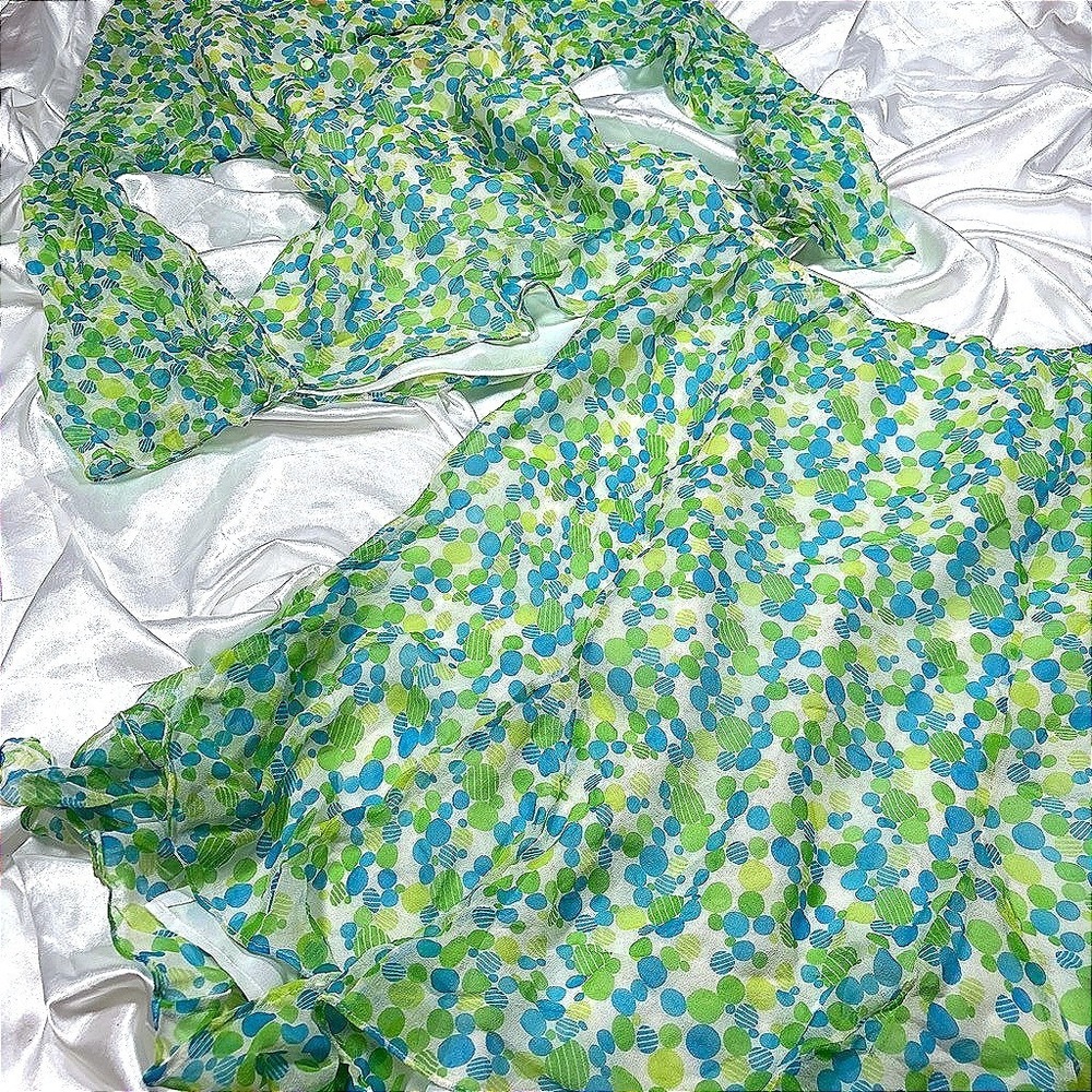 y2k vintage silk Skirt Set Blue Green Silk Polka Dot Sequin La Rue